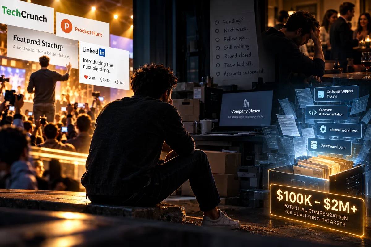 Illustration of a founder reflecting on launch-day recognition and company closure beside archived customer support tickets, code documentation and operational workflows.