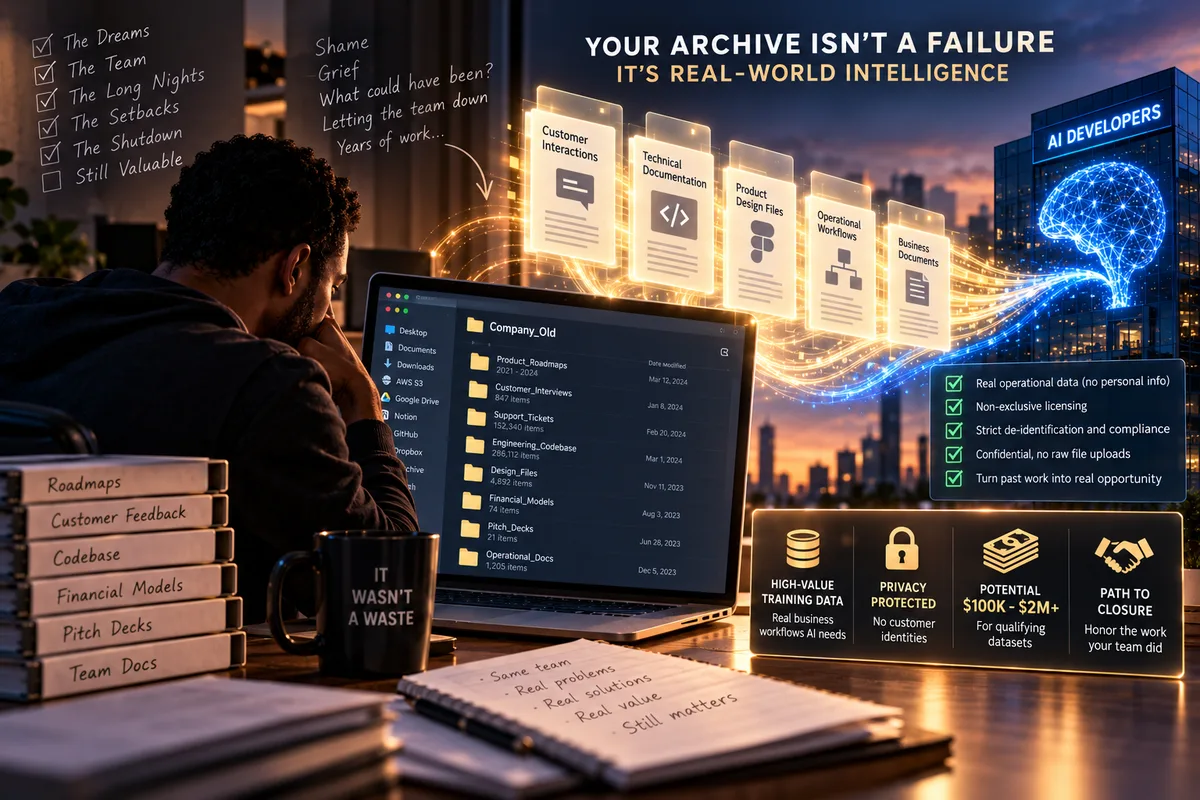 Illustration of a founder resting his head beside a laptop showing a Company_Old archive folder, as roadmaps, support tickets and design files flow toward an AI developers building.
