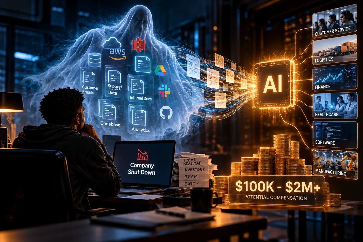 Illustration of a founder at a company shutdown laptop, with cloud archives, customer emails, support data and code flowing toward AI applications in several industries.
