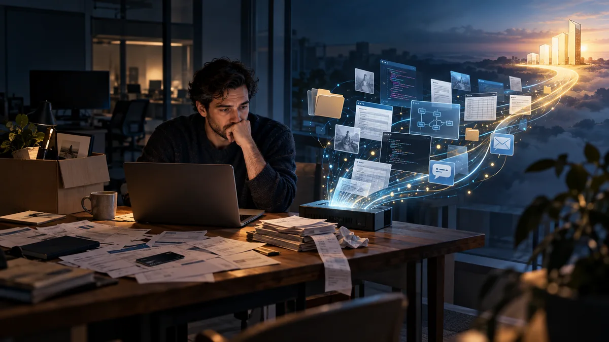 Illustration of a founder at a late-night desk covered in invoices and receipts, while archived records, code and support data stream from a backup drive toward a sunrise skyline.