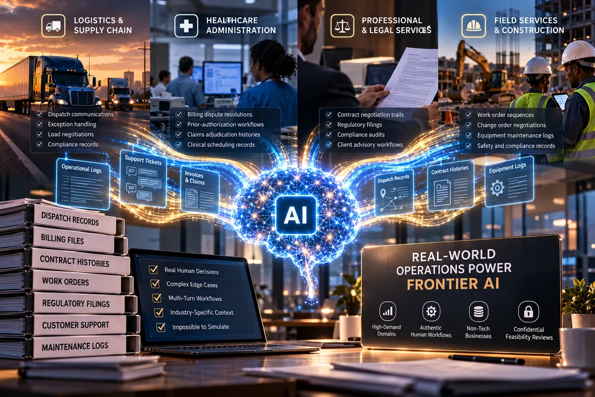Illustration of logistics, healthcare administration, legal services and construction workflows flowing as records into a glowing AI brain, beside binders of dispatch, billing and maintenance records.